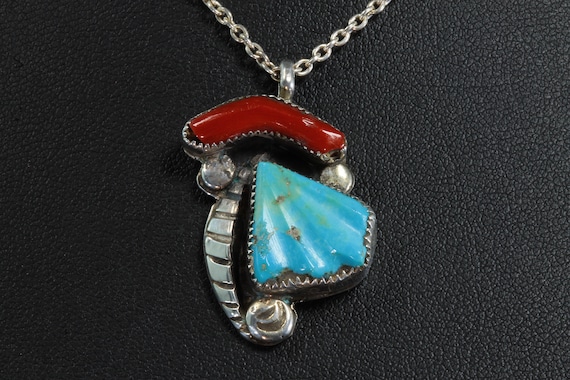 Rare! Fabulous sterling silver, carved turquoise and coral pendant by Felicita Eustace, 18" sterling chain included