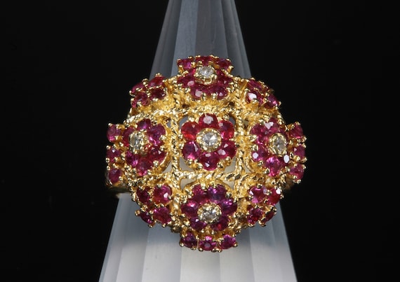 Vintage domed ruby and diamond 14K yellow gold cocktail ring, mid century style, big and bold gift idea