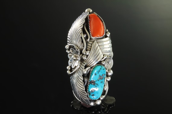 Vintage Paulene McCray sterling silver turquoise and red coral huge ring, statement jewelry Native American Navajo, southwestern