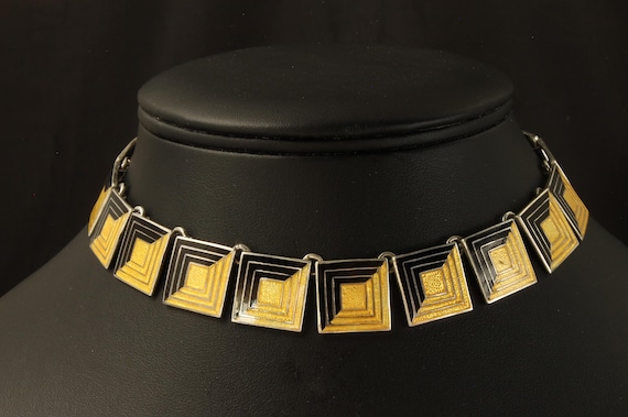 Vintage Margot de Taxco sterling silver and black and enameled square link choker, 14 5/8" statement estate jewelry,  stand out!