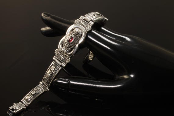 Oh my! Vintage sterling silver and garnet ornate bracelet, January birthstone, statement estate jewelry, gift for her 7” bracelet