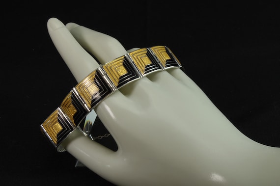 Vintage Margot De Taxco sterling silver and black and yellow enamel bracelet, southwestern statement estate jewelry, wearable art