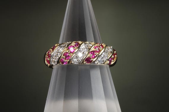 Our handmade 14K yellow gold, ruby and diamond ring, feminine statement jewelry, gift for her, candy cane, sparkles. Women’s fashion