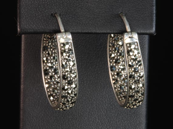 Vintage sparkly sterling silver and marcasite hoop earrings, stylish trendy retro statement jewelry, 925 everyday wear, ear candy