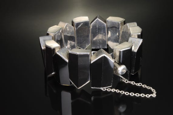 Vintage Black Stone and Sterling silver modernist bracelet, TM-100, M-970, Manteros Mexico, unique statement jewelry, gift for her