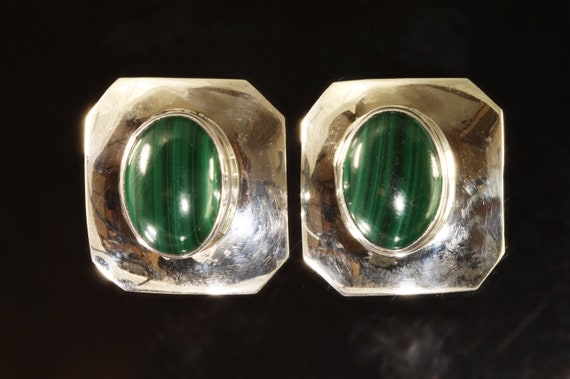 Vintage large Sterling silver malachite stud earrings, stylish statement jewelry, gift idea, hallmarked