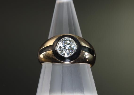 Vintage black enamel & 14K yellow gold 1.25 ct diamond ring,  size 6.5 only