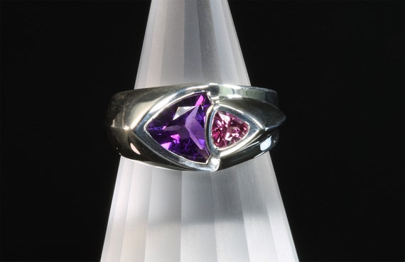 Handmade trillion cut sterling silver amethyst and rhodolite garnet gemstone ring, fancy, colorful, stylish, unisex jewelry