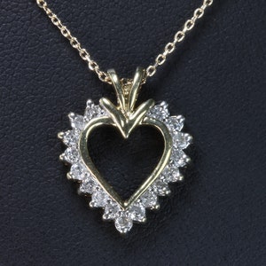Vintage 10K yellow gold diamond heart pendant, Valentine&#39;s day gift for her, 18&quot; chain included