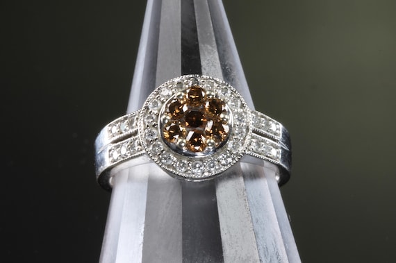 Sparkly brown and white diamond, 14K white gold ring. Size 7