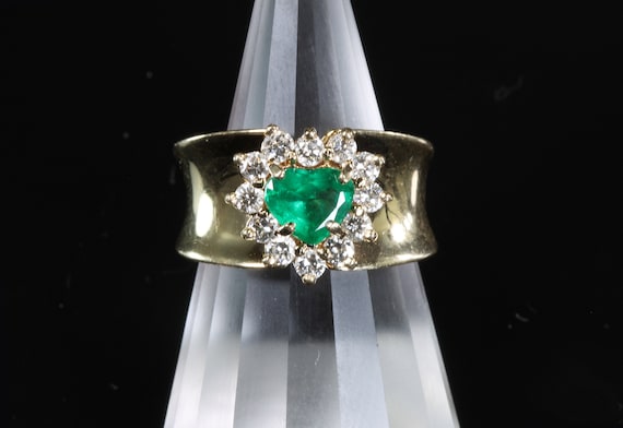 Vintage Wow! Heart shaped emerald with diamond halo, 14K yellow gold cocktail ring, fine statement estate jewelry,