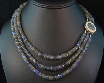 3 Strand Spectacular Labradorite Necklace with Vintage 14K White Gold, Sapphire and Pearl Clasp by Cavallo Fine Jewelry