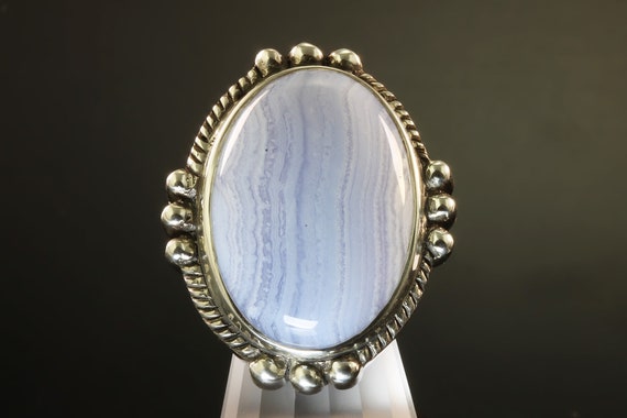 Handmade sterling silver blue lace agate ring, big bold beautiful unisex jewelry, cabachon chalcedony gemstone, Made in the USA!