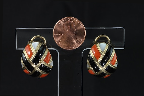 Vintage multistone inlaid omega back domed earrings, black onyx coral mother of pearl, 14K yellow gold