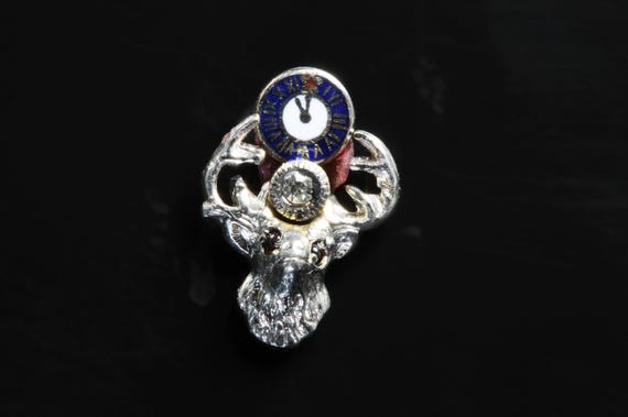 Vintage tiny 14K white gold BPOE elk lapel pin with ruby eyes, fraternity pin