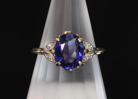 Vintage spectacular sapphire diamond ring, 14K yellow gold, blue gemstone, September birthstone, romantic statement jewelry