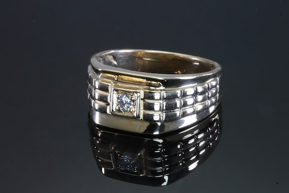 Handmade mans diamond ring, 14K yellow gold, gentlemen's jewelry, hefty, .10 diamond, Rat Pack-ish, gift for him