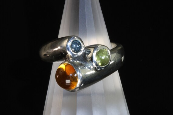 Handmade sterling silver cabochon ring, citrine, peridot, blue topaz, futuristic, mod, great gift idea