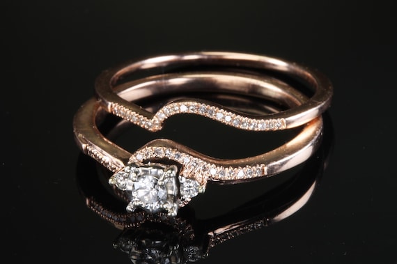 Vintage wedding set 14K rose gold engagement ring & matching wedding band, .21ctw, size 9.25