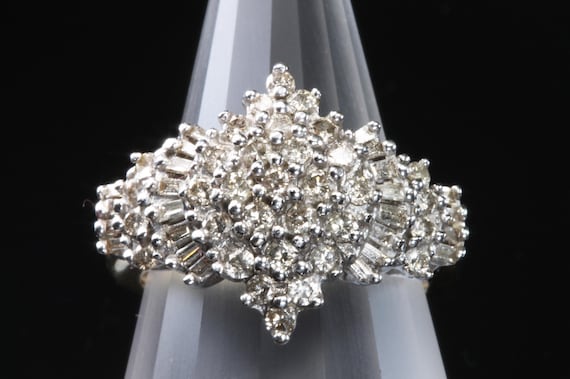 Vintage 10K yellow and 10K white gold diamond cluster ring size 7.5 only, mid century women’s fashion. Valentine’s Day gift for her
