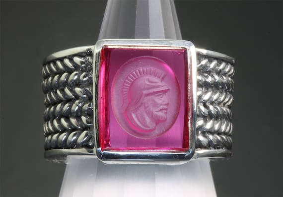 Sterling Silver and Vintage Created Ruby Intaglio Men's Ring by Cavallo Fine Jewelry