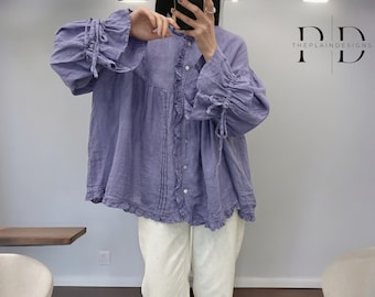 Long Sleeve Women&#39;s Blouse | Fashionable Tassel Detail Tops | Linen Style