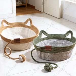 Personalized  Cotton Rope Cat Bed with Toy Ball, Cozy Woven Cat Basket, Natural Pet Nest for Indoor Cats, Kitten Bed, Cat Lover Gift