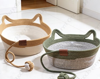Personalized  Cotton Rope Cat Bed with Toy Ball, Cozy Woven Cat Basket, Natural Pet Nest for Indoor Cats, Kitten Bed, Cat Lover Gift