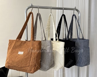 Einzelne Schultertasche aus Cord, lässige Canvas-Tasche mit Außentaschen-Handtasche, tragbare Canvas-Tasche für den Alltag, Canvas-Einkaufstasche mit großer Kapazität