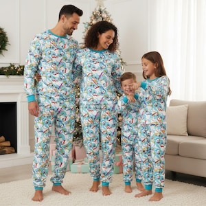 Pijamas familiares de muñeco de nieve, pijama largo de dibujos animados, camiseta y pantalón largos azules, conjunto de pijamas familiares a juego, regalo familiar de pijama