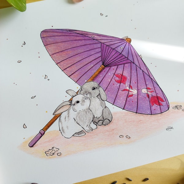 Illustration Amoureux sous les cerisiers - Impression A4/ 5*7 / carte postale