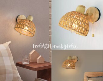 Handmade Rattan Wall Lamp For Bedside Bedroom Mirror Wall Lamp Woven Paper Rattan Zipper Lamp Home Decor