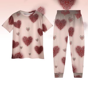 Heart Spider Web Tshirt And Pants, Cute Halloween Pajamas Set, Pink Spooky Pajamas, Kawaii Spider Web Pajamas For Her, Matching PJs