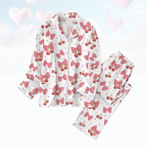 Love You Cherry Much Pajamas Set, Pink Coquette Bow Pajamas Holiday, Cherry Coquette Bow Women Pajamas, Valentine Gift For Her