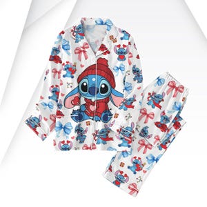 Stitch Valentine Pajamas Set, Stitch Coquette Bow Holiday Pajamas, Disney Pajamas Family, Magic Kingdom Pajamas Matching, Valentine Gif