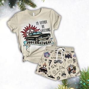 Set pigiama serie Supernatural, set pigiama abbinato Winchester Brothers, pigiama natalizio Dean Winchester, pantaloncini da donna, pigiama Save The Hunt