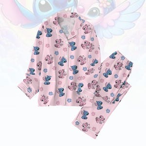 Disney Stitch And Angel Pajamas Set, Disneyland Trip Holiday Pajamas, Magic Kingdom Pajamas Women, Disney Valentine Pjs, Gift For Her