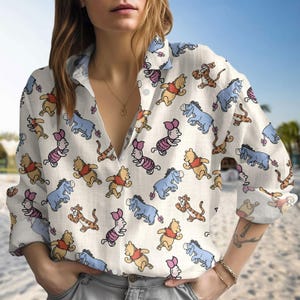 Disney Pooh And Friends Linen-Look Shirt, Winnie The Pooh Shirt Women, Piglet Eeyore Shirt Women, Magic Kingdom Gift, Disney Character Shirt
