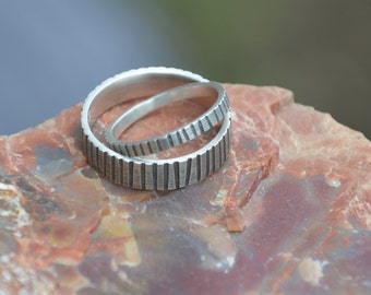 Sprocket Changing Gears Sterling Silver Wedding Band Set Male wedding band, oxidized band, textured wedding bands