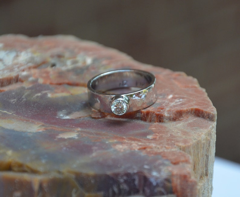 Her Hammered Ring, Simple Bezel Ring, Non Traditional Ring, Cute Solitaire Ring, OOAK Solitaire Ring, Wide Hammered Diamond Engagement Ring image 4