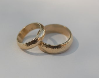 Hammered 14kt Yellow Gold Domed Wedding Band Set, his and hers wedding bands