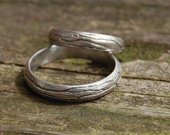 Baumrinde Silber Hochzeitsband, Männer Hochzeitsband, Naturhochzeiten, Frauenhochzeiten, Passendes Hochzeitsset