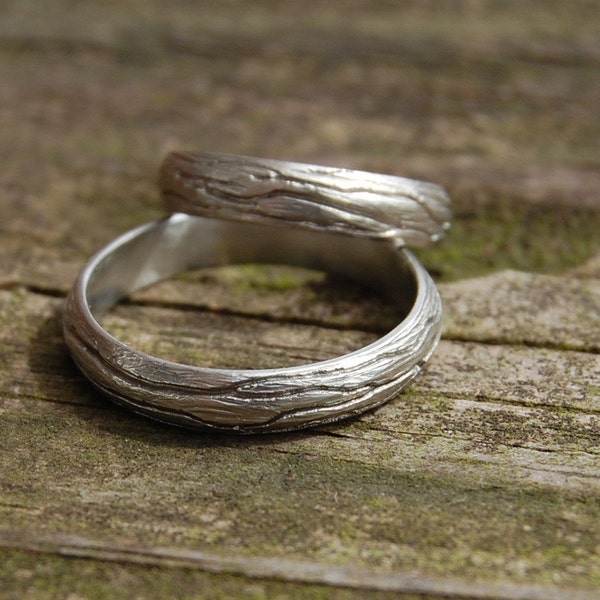 Tree Bark White Gold Wedding band his wedding band nature rings