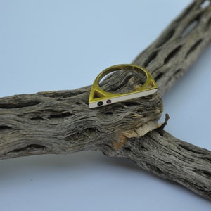 Modern Gold Customizable Gem Ring- Ruby and Sapphire Set Triangular Chevron Funky 14kt Yellow Gold Slice Cocktail Ring Anniversary