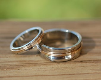 White and Yellow Gold Pathway Wedding band Set, His and hers wedding bands, two toned gold wedding rings, Spinner bands