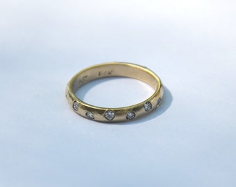 Diamond Hammered 14kt Yellow Gold Domed Wedding or Engagement Band, flush set diamond ring