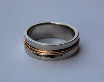 White and Yellow Gold Hammered Pathway Wedding band, Modern wedding band, Male band