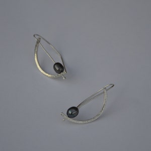 Precious Black Pearl Abstract Space Age Sterling Silver Earrings Eco Friendly Recycled, Modern Black Pearl Earrings