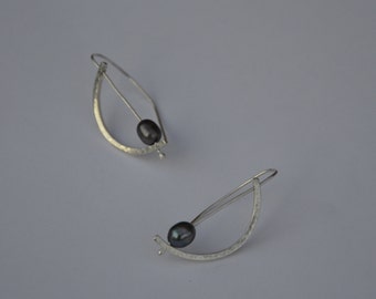 Precious Black Pearl Abstract Space Age Sterling Silver Earrings Eco Friendly Recycled, Modern Black Pearl Earrings