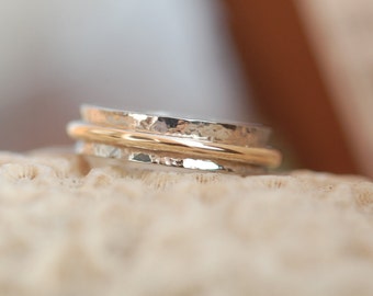 White and Yellow Gold Hammered Wedding Band
